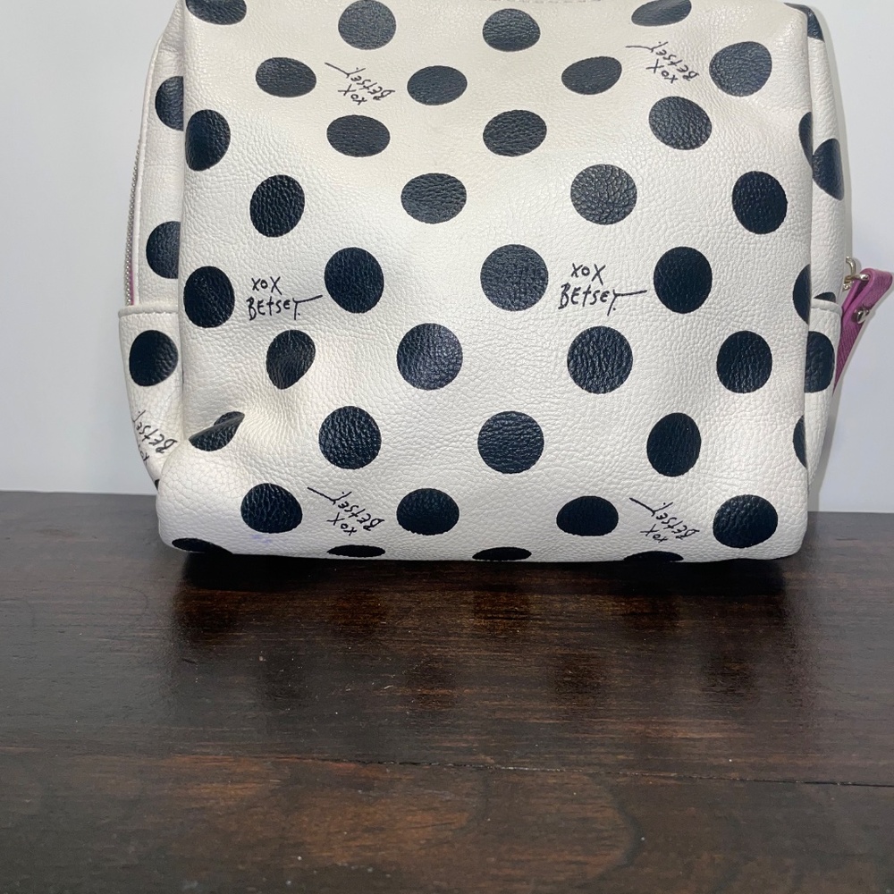 Betsey Johnson Cosmetic Bag Makeup Spots Dots Black White‎ Purse Clutch - Picture 5 of 8